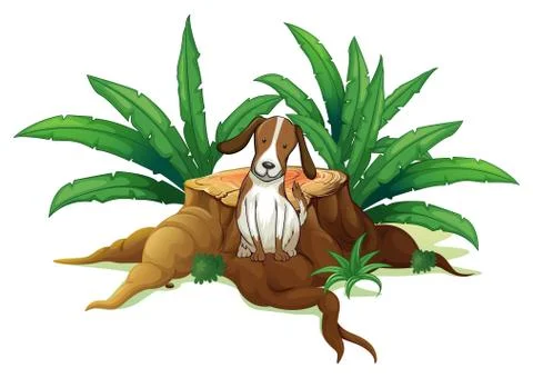 A dog sitting at the root of a chopped tree Stock Illustration