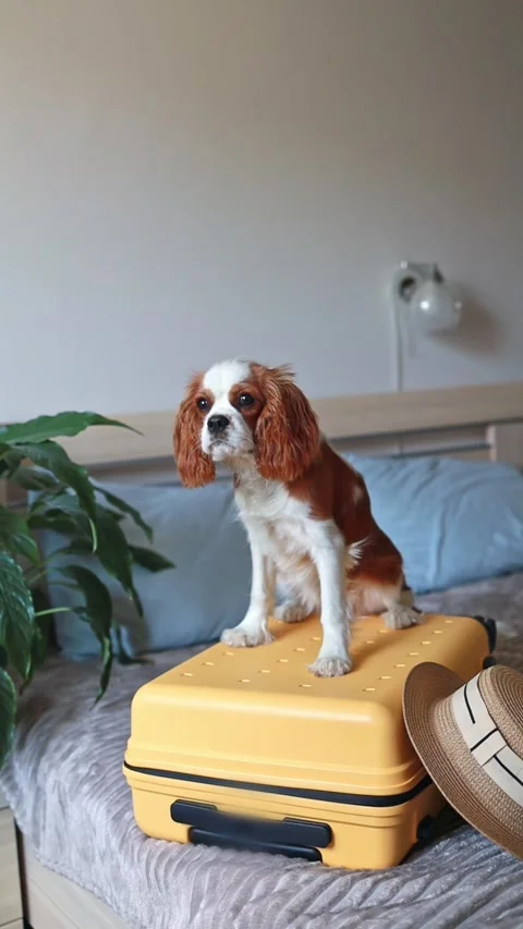 Dog sitting on a yellow suitcase Stock Footage 276614856