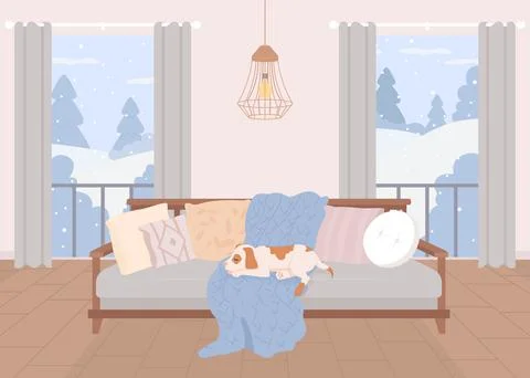 Dog sleeping on sofa flat color vector illustration Ilustración de archivo