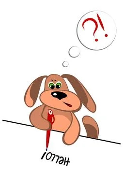 The dog at the table sits and writes a letter on paper with a red pen. Stock Illustration