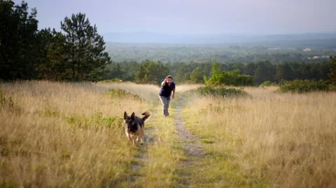 Dog trainer and german shepherd in the field wide 스톡 동영상 59964360