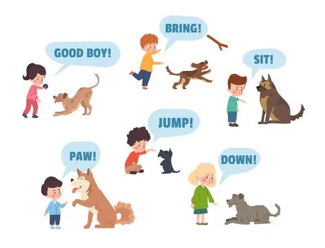 Dog training commands infographic set flat cartoon vector illustration isolated. Stock Illustration