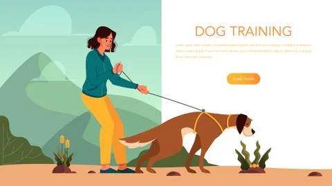 Dog training web banner concept. Happy puppy having a command Illustrazione stock