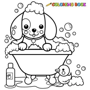 Dog in a tub taking a bath. Vector black and white coloring page. Illustrazione stock
