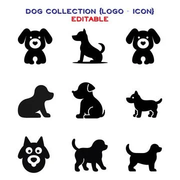 Dog Vector Logo and Icon. nine black dog icons in a grid showcasing different po Stock-Illustration