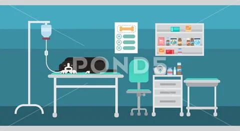 Dog In Vet Clinic Of Veterinary Assistance Medical Hospital Interior Stock Illustration