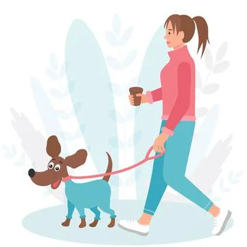 Dog on a walk with a girl vector flat illustration. Stock Illustration