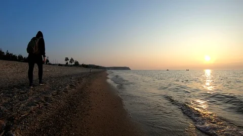 Dog walking on the beach with his master at sunset Video stock 108474321