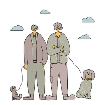 Dog walking concept. Two smiling boys standing with their pets. Young persons Stock Illustration