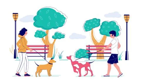 Dog walking in the park, vector flat illustration Ilustración de archivo