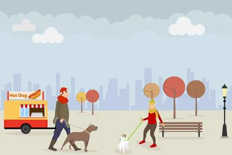 Dog walking in a public park in the fall. Two women are walking their dogs Ilustração Stock