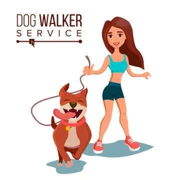 Dog Walking Service Vector. Pet Care. Exercising Dogs In Park. Isolated Flat Ilustración de archivo