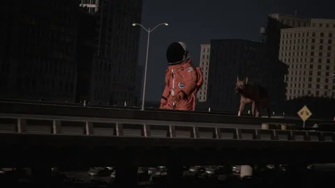 The dog walks with the astronaut through the empty city streets Stock Footage 287341683