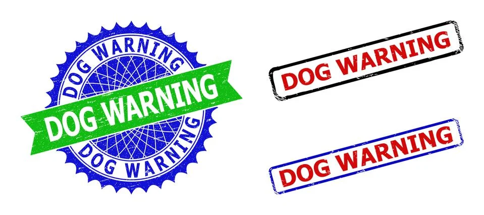 DOG WARNING Rosette and Rectangle Bicolor Badges with Rubber Surfaces Stock Illustration
