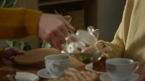 Dog Watching Unknown Man Pouring Tea from Teapot into Cups Celebrating Birthday Stock Footage 331010877