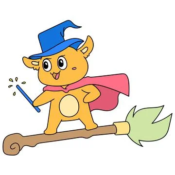 A dog witch with a magic wand flew on a broomstick, doodle icon image Stock Illustration