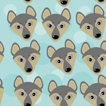 Dog wolf seamless pattern with funny cute animal face on a blue  background Stock Illustration