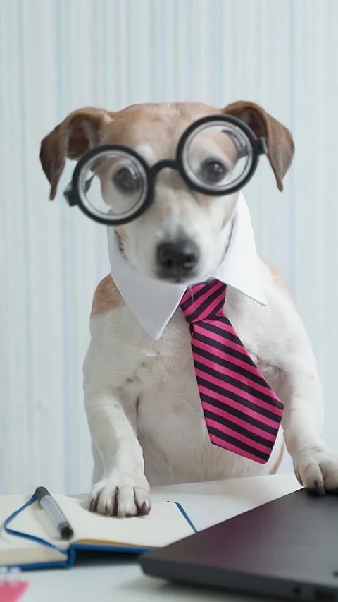 Dog working computer nerd with glasses and tie Vídeo Stock 280483696