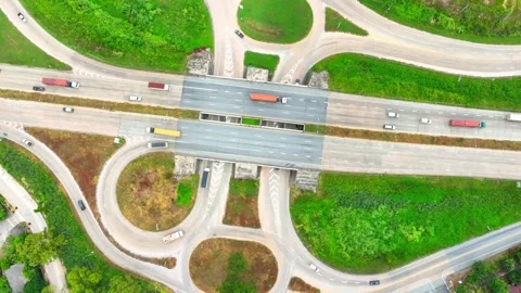 A dogbone interchange, seen from above with a drone. Video stock 249728785