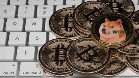 DOGECOIN with bitcoin on keyboard Stock-Footage 175532892