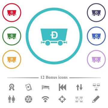 Dogecoin criptocurrency mining flat color icons in circle shape outlines Stock-Illustration