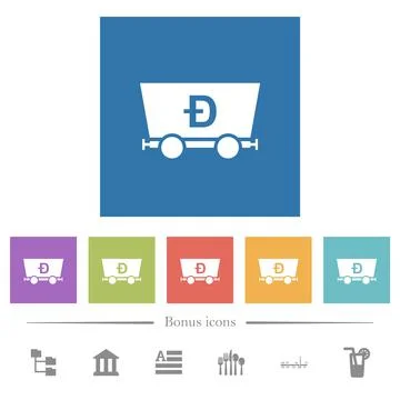 Dogecoin criptocurrency mining flat white icons in square backgrounds Stock-Illustration