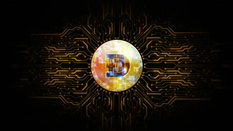 Dogecoin cryptocurrency on circuit background, Digital money exchange, Abstra Stock Footage 154190463