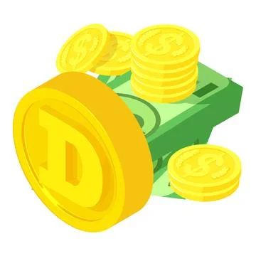 Dogecoin cryptocurrency icon isometric vector. Big dogecoin coin near cash money Stock Illustration