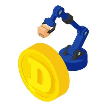 Dogecoin cryptocurrency icon isometric vector. Warehouse manipulator near coin Illustrazione stock