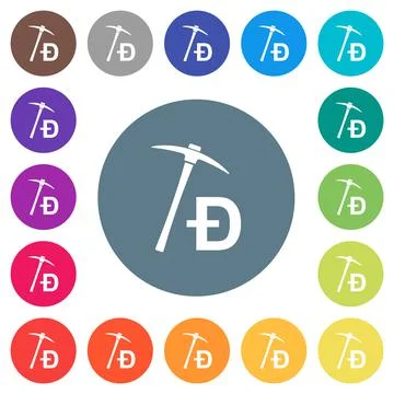 Dogecoin cryptocurrency mining with treasure flat white icons on round color Stock-Illustration