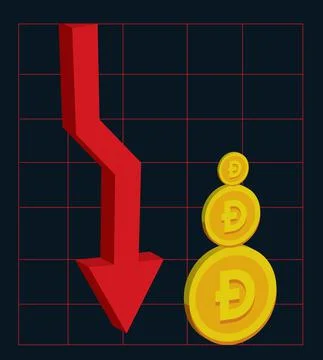 Dogecoin falls in value vector illustration red arrows Dogecoin and blockchai Illustrazione stock