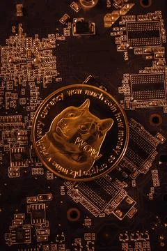 Dogecoin on graphic videocard Stock Photos