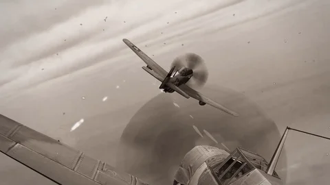 Dogfight - Air combat between two propeller fighter aircrafts from the WW2 Stock Footage 102222347