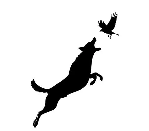 Dogs are often jumping off cliffs to catch birds Vector image silhouette Stock Illustration