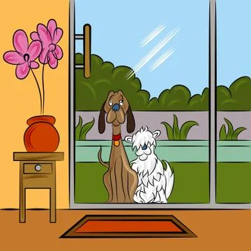 Dogs begging at door Stock Illustration