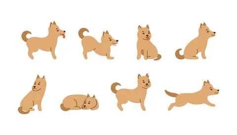 Dogs character pet in different poses doodle set. Cartoon dog animal collec.. Illustrazione stock