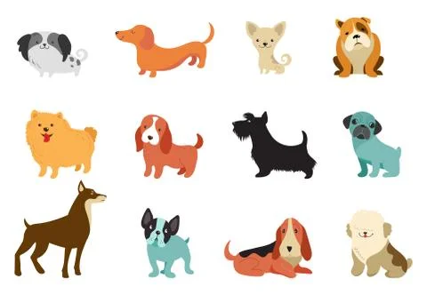 Dogs - collection of vector illustrations. Funny cartoons, different dog breeds Stock Illustration