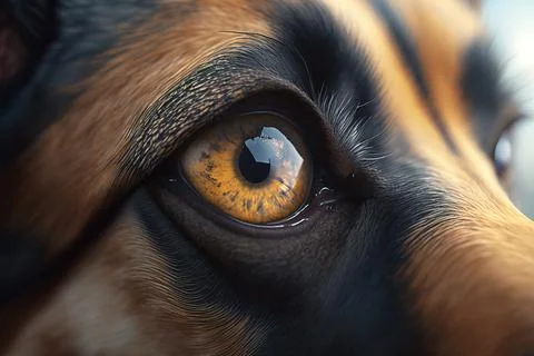 A dog's eye with a reflection of the sky in it's iris realistic eyes a hype.. Stock Illustration