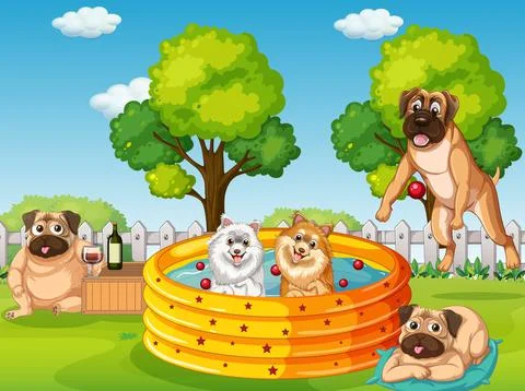 Dogs playing in the pool outside Ilustración de archivo