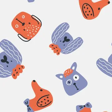 Dogs seamless pattern. Cute animals in simple naive hand-drawn Scandinavian Stock Illustration