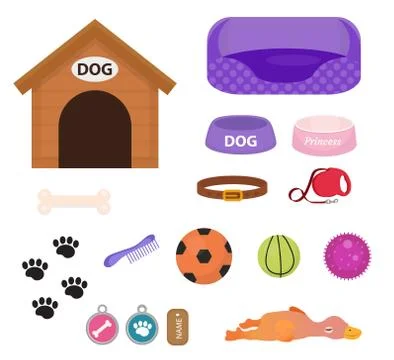 Dogs stuff icon set with accessories for pets, flat style, isolated on whit.. Stock Illustration