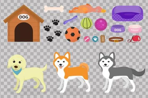 Dogs stuff icon set with accessories for pets, flat style, isolated on whit.. Stock Illustration