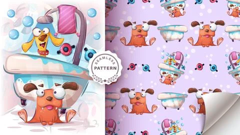 Dogs wash in the bath - seamless pattern Stockillustratie