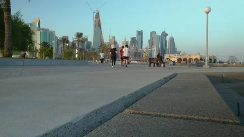 Doha corniche in Doha Qatar low angle afternoon shot Stock Footage 140882655