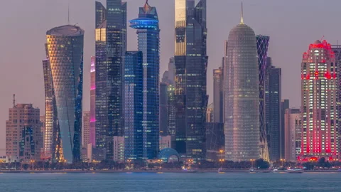 Doha downtown skyline day to night timelapse, Qatar, Middle East Stock Footage