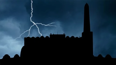 Doha: Lightning and Thunderstorm flash over the Silhouette of Qatar State Mosque Stock Footage 269132996
