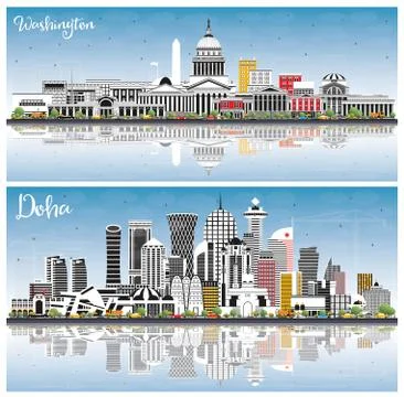Doha Qatar and Washington DC USA City Skylines with Gray Buildings, Blue Sky  Illustrazione stock