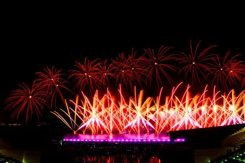 Doha, Qatar - April 10, 2024: Katara Cultural Village Eid Celebration Fireworks. Stock-Fotos