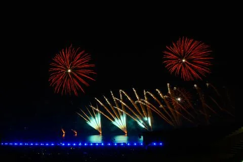 Doha, Qatar - April 10, 2024: Katara Cultural Village Eid Celebration Fireworks. Stock Photos