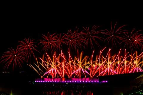 Doha, Qatar - April 10, 2024: Katara Cultural Village Eid Celebration Fireworks. Stock Photos